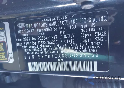 2013 Kia Sorento Lx from USA, damaged, VIN 5XYKTCA65DG334769